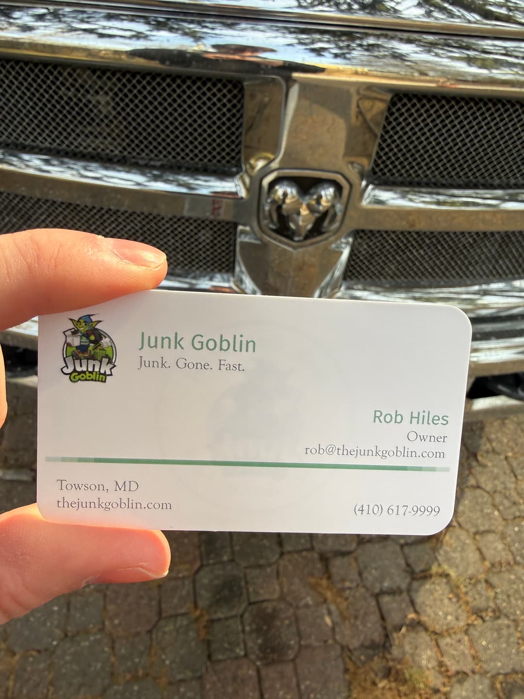 Junk Goblin business card with truck